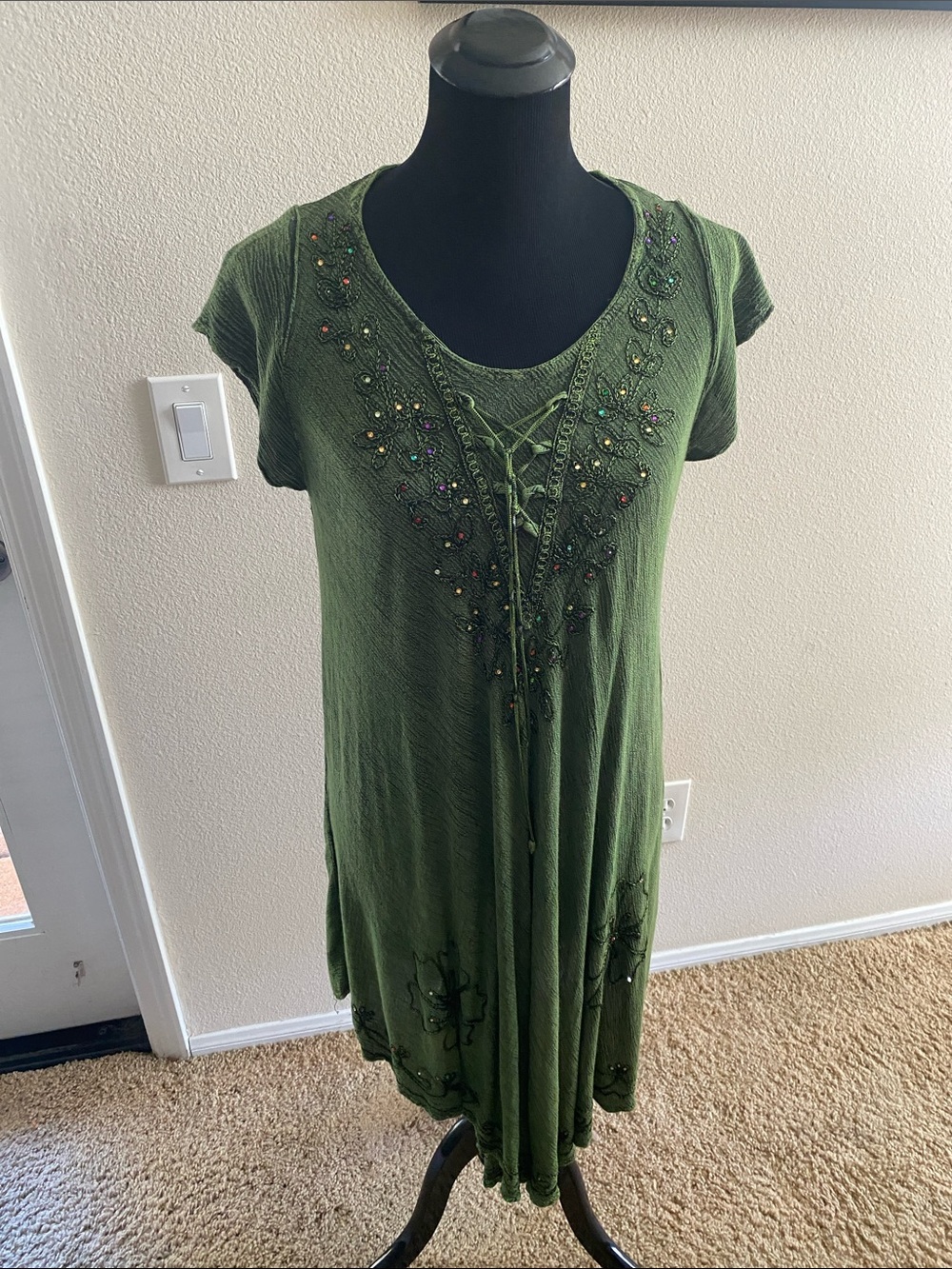 Embellished Olive Green Women's Tunic Dress